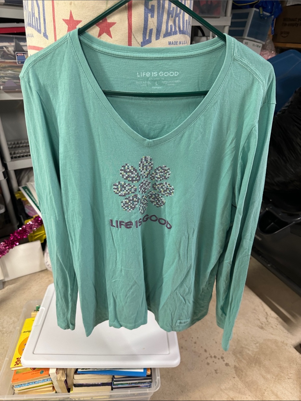 Life Is Good Women's Long-Sleeve V-Neck Top in Aqua Green